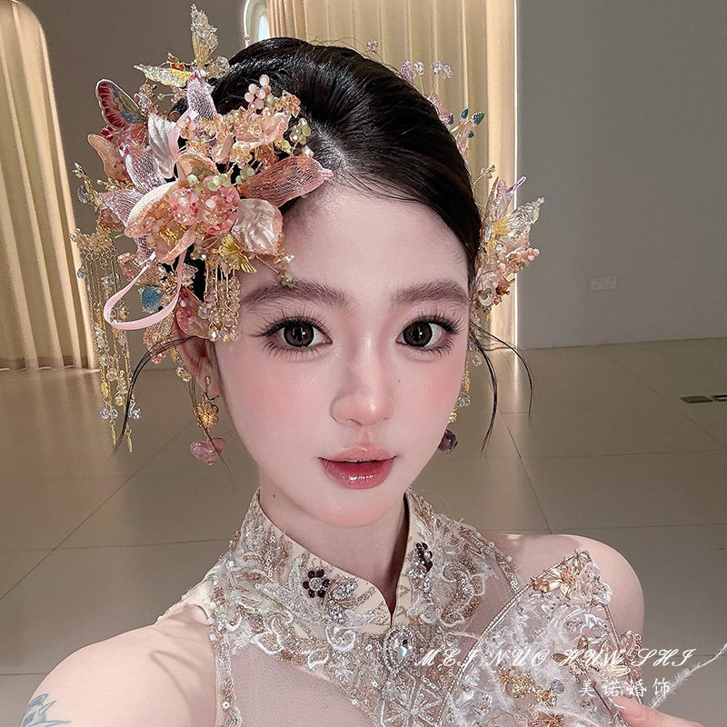 秀禾服新娘大气头饰新中式金粉色花朵超仙发簪古风晨袍龙凤褂发饰