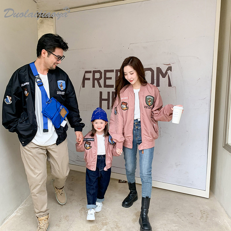 高端炸街亲子装拉链棒球服母女装秋款父子亲子装一家三口秋装外套