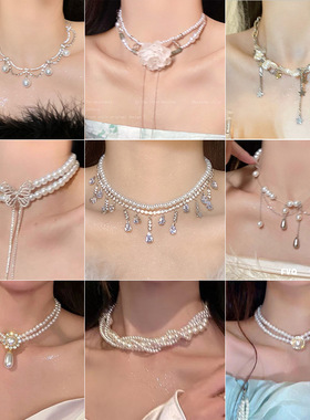 新款镶钻珍珠流苏双层项链 时尚轻奢气质锁骨链感项饰女