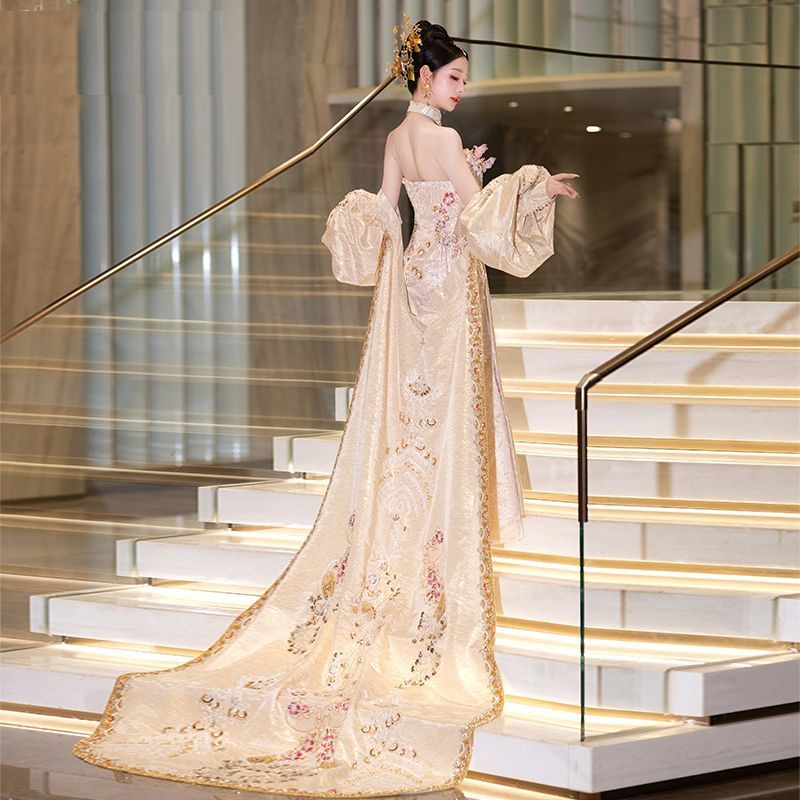 高定香槟色秀禾服大拖尾旗袍2025年新款订婚礼服新娘结婚服晚宴