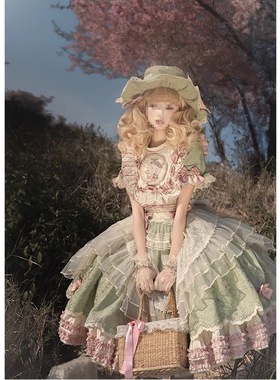 绿色田园风短袖裙罩lolita裙OP重工华丽刺绣公主裙可爱甜美优雅新