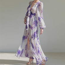 现货touchin【夜雨紫藤】古朴美人法式连衣裙感气质显瘦开叉