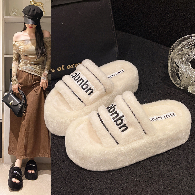 网红厚底外穿毛毛拖鞋女