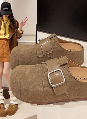 内增高勃肯鞋女外穿2026春季新款一脚蹬厚底松糕包头半拖磨砂拖鞋