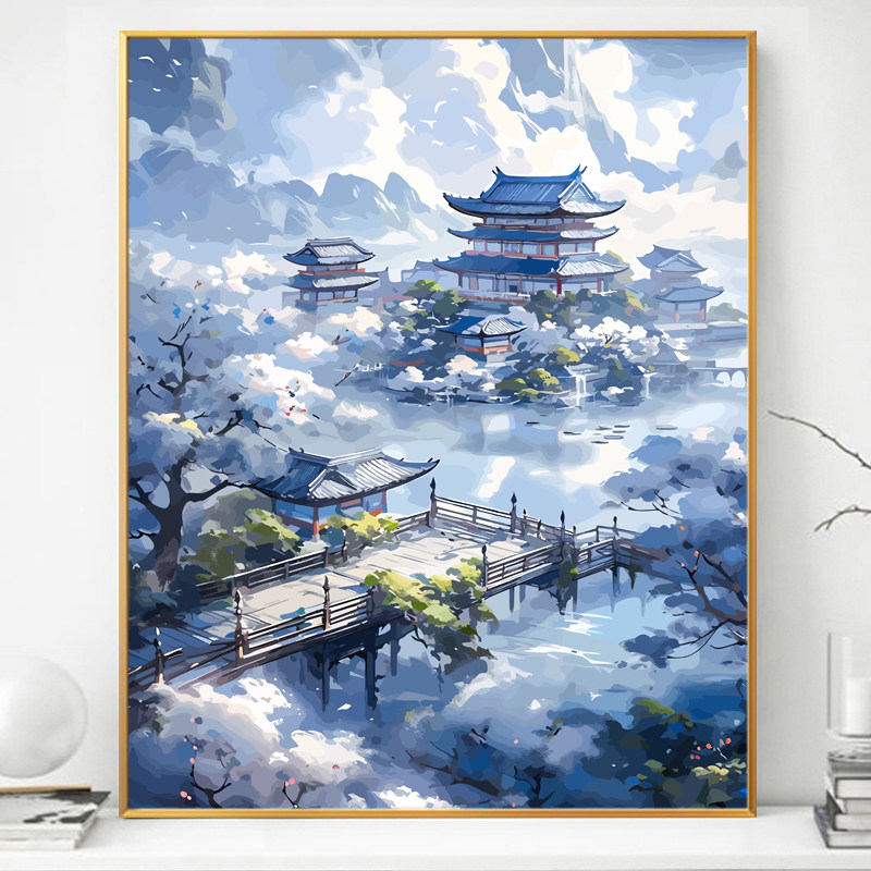 云顶天宫中式国风画画diy数字油画填充填色手绘手工油彩古风装饰