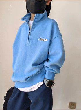 男童蓝色半拉链帅气卫衣秋冬厚款套头宽松上衣日系潮款保暖外套衫