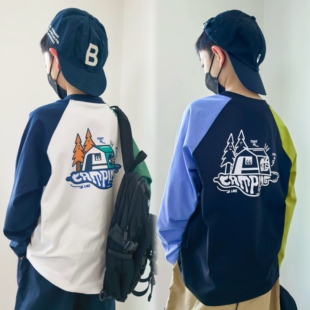 大幅露营印花好看拼色t 26ss男女中大童查查撞色纯棉打底衫长袖t