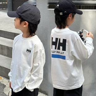 清爽型男孩长袖打底衫春夏款中大童男童运动休闲长袖T恤白色纯棉