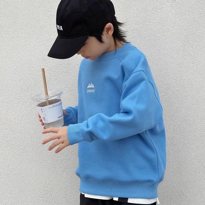 蓝色帅气男童男孩圆领一体绒卫衣