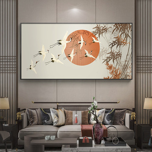 松鹤延年客厅挂画新中式禅意茶室背景墙装饰画仙鹤图国画餐厅壁画