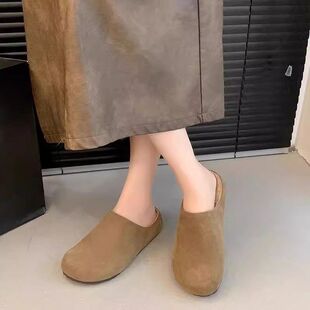 复古加绒勃肯鞋2025年冬季新款外穿女款保暖平底一脚蹬包头半拖鞋