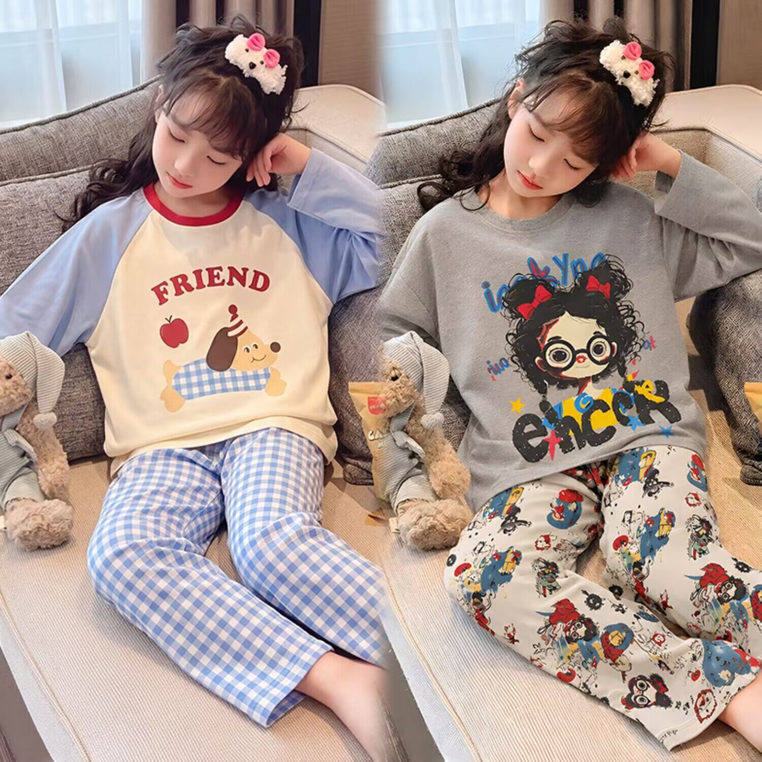 春秋季新款格子腊肠狗长袖儿童睡衣女孩中大童少女纯棉家居服套装