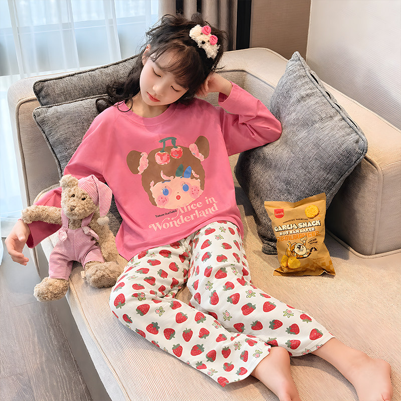 2026年春秋季可爱卡通草莓长袖儿童睡衣女孩少女中大童家居服套装