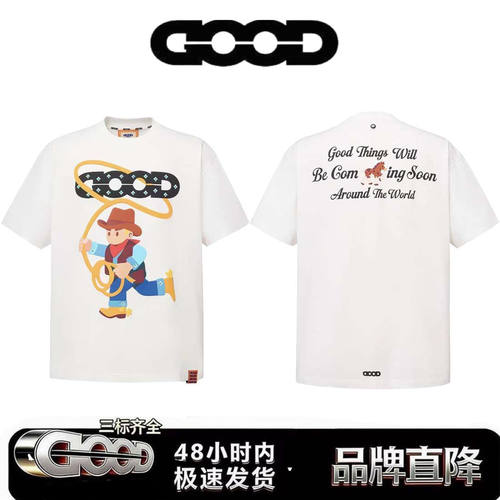 潮牌GOOD时尚可爱发泡牛仔宝石烫钻情侣男女同款短袖T恤纯棉重磅