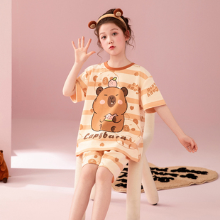 儿童睡衣短袖短裤小女孩纯棉套装夏季可爱卡通土拨鼠女中童家居服