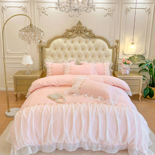 雪纺边四件套全棉高级感仙女床盖款 轻奢法式 床上用品纯色床单被套