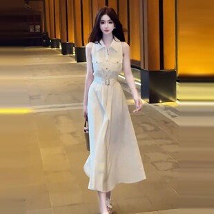 法式千金风系高知白色无袖衬衫连衣裙子女夏季收腰气质a字长裙