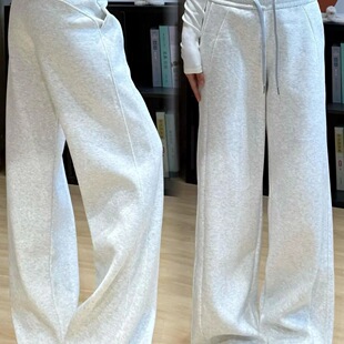 2025新款白灰色加绒加厚运动阔腿裤女秋冬季休闲窄版直筒拖地卫裤