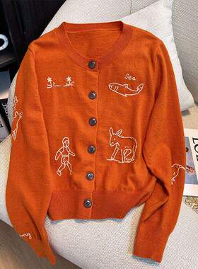 韩系复古时尚卡通提花橙色圆领针织开衫女秋冬季长袖百搭毛衣外套