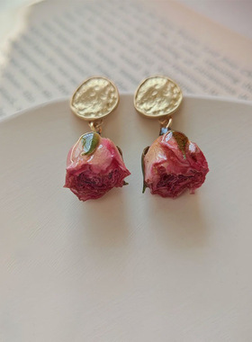 925银针森系超仙花真花干花耳环气质简约玫瑰花朵耳坠女网红耳饰