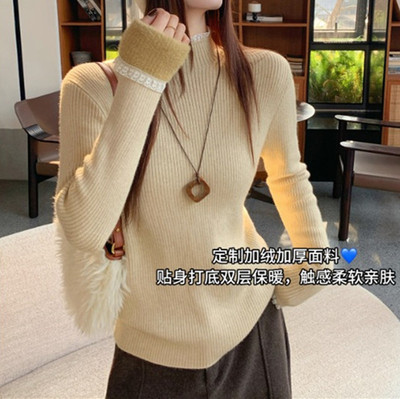 加绒加厚蕾丝针织打底衫毛衣女一体绒内搭2025新款秋冬巨好看上衣