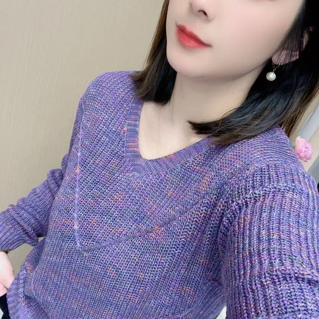 2025早春新款v领彩点慵懒风宽松百搭针织打底衫薄款长袖显瘦上衣