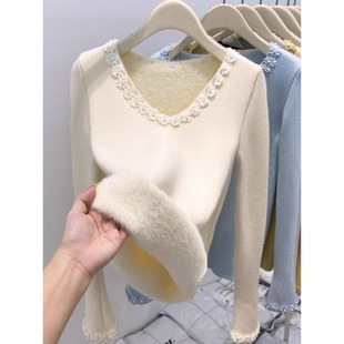 法式钉珠花边V领加绒加厚针织衫女冬季新款修身显瘦内搭打底上衣