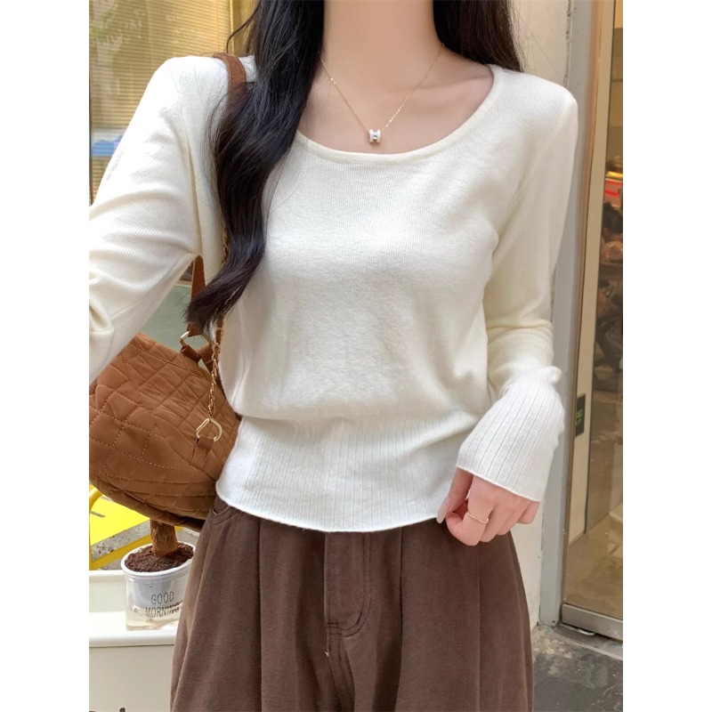秋冬新款法式圆领修身短款打底衫高级感毛衣女内搭长袖针织衫上衣