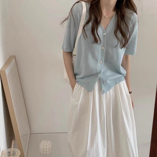 夏款开衫女V领薄五分袖新款气质短袖韩版莱赛尔针织防晒外搭上衣