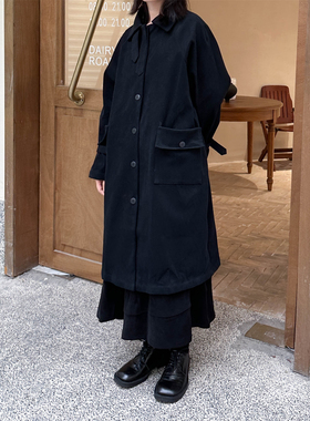 Luciferous 小众设计感冬季长款加绒宽松风衣外套女立领过膝大衣