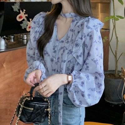 法式轻熟风领碎花衬衫女秋季设计感荷叶边系带长袖衬衣别致上衣