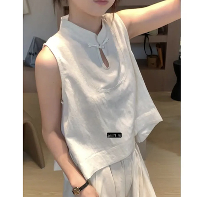 新中式盘扣无袖天丝衬衫女夏天复古风别致小衫设计感复古气质