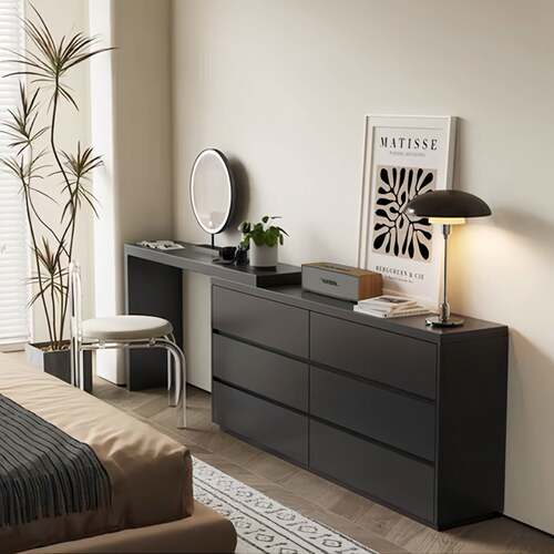 黑色梳妆台斗柜一体实木化妆桌子