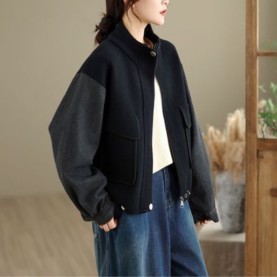 撞色立领短外套女百搭宽松拉链