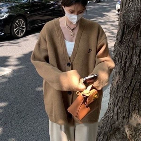 慵懒毛衣外套秋冬针织衫新款宽松字母外穿中长款刺绣针织开衫上衣