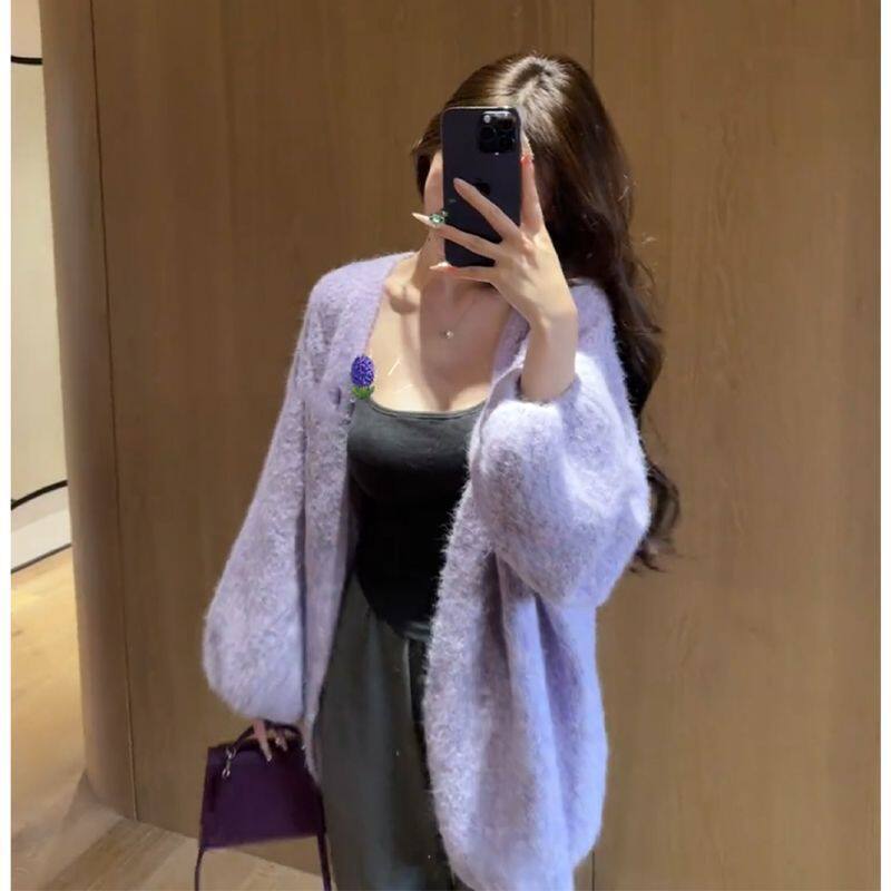 2025新款韩系慵懒紫针织开衫女