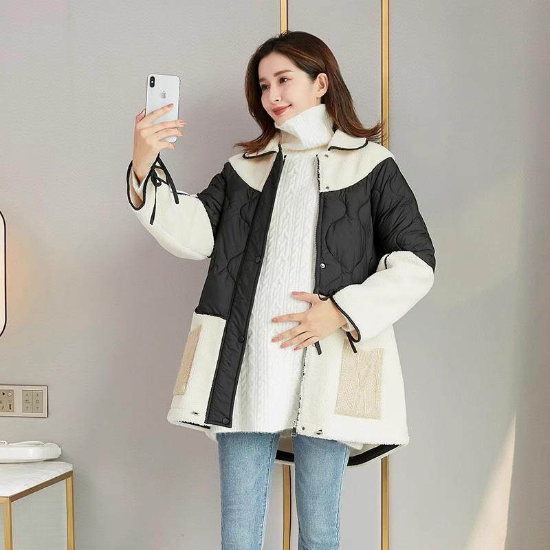 孕妇棉衣外套秋冬新款颗粒绒撞色拼接时尚百搭洋气小个子外套