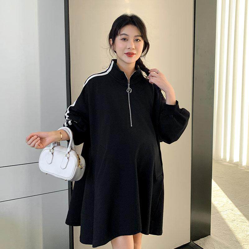 孕妇装秋季连衣裙子2025新款大码春秋季t恤长袖斗篷卫衣裙遮肚子