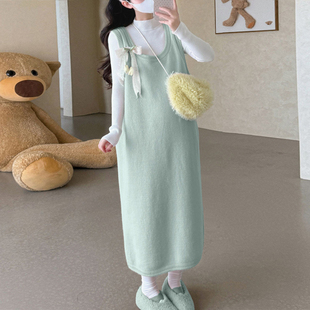 孕妇背心裙早春新款韩版俏皮甜美蝴蝶结系带蕾丝减龄针织背心裙