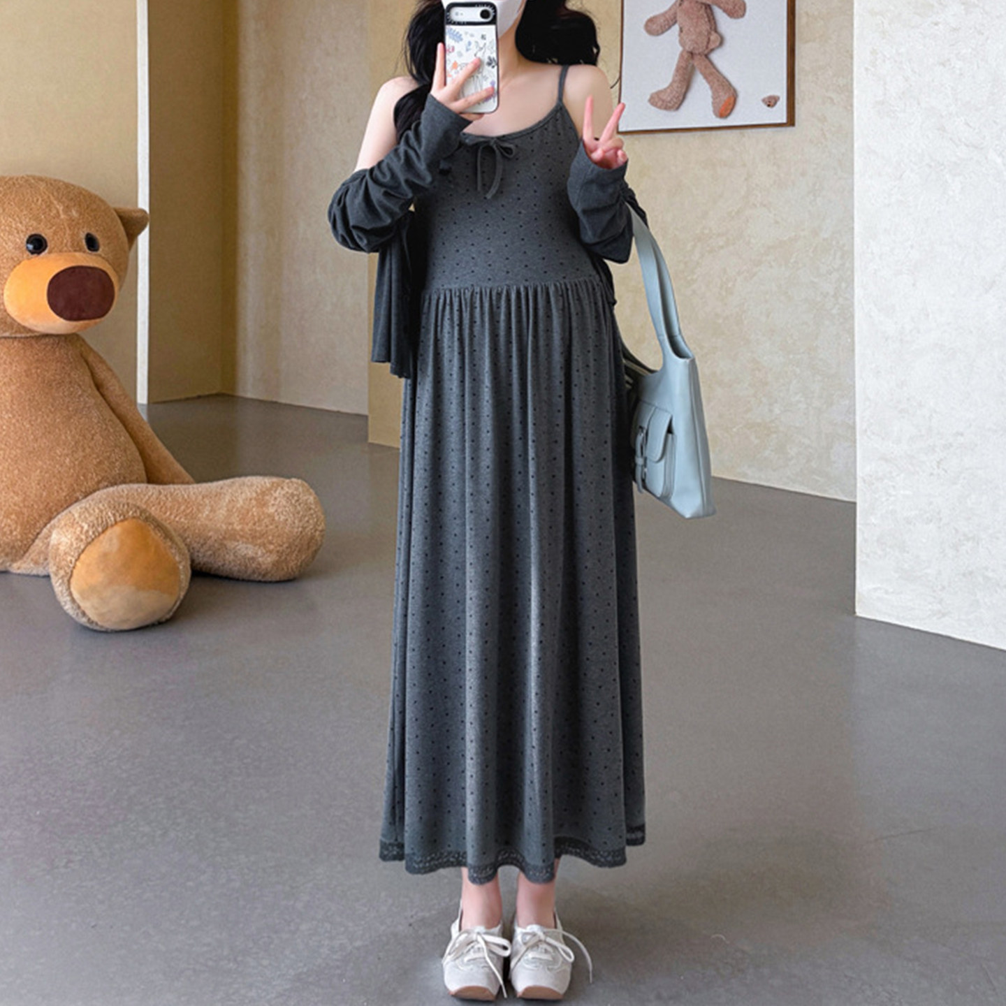 孕妇波点吊带连衣裙开衫套装春夏
