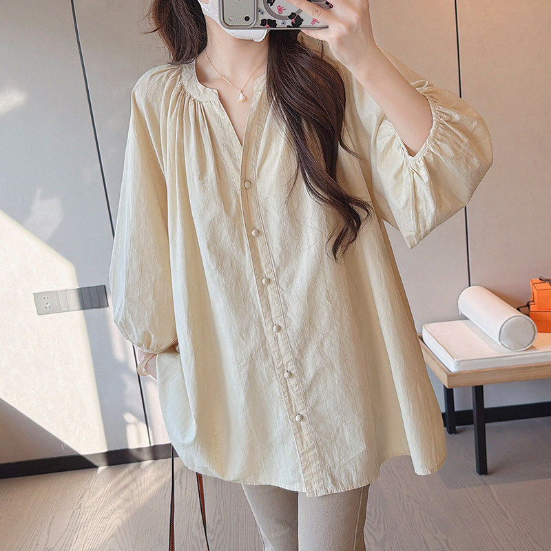 孕妇装衬衫宽松慵懒V领七分袖春夏新款显瘦遮肚时尚简约棉质上衣
