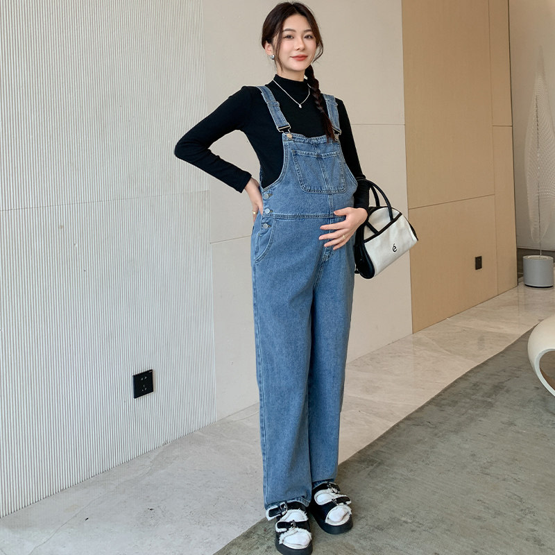 孕妇牛仔背带裤套装时尚休闲百搭直筒裤宽松遮肚显瘦小个子孕妇裤