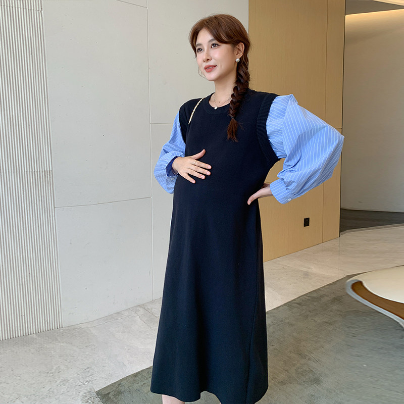 孕妇装假两件衬衫针织连衣裙2026春秋新款宽松显瘦拼接孕妇裙子