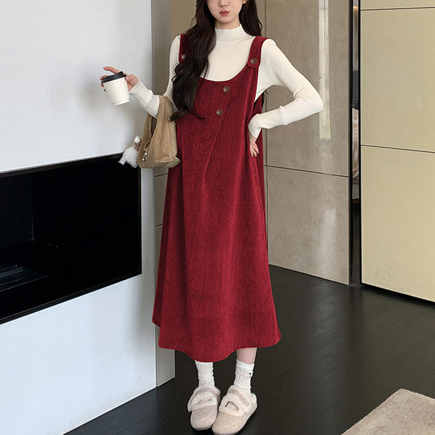 孕妇背带裙套装秋冬新款不规则设计感小个子背带裙+打底衫套装