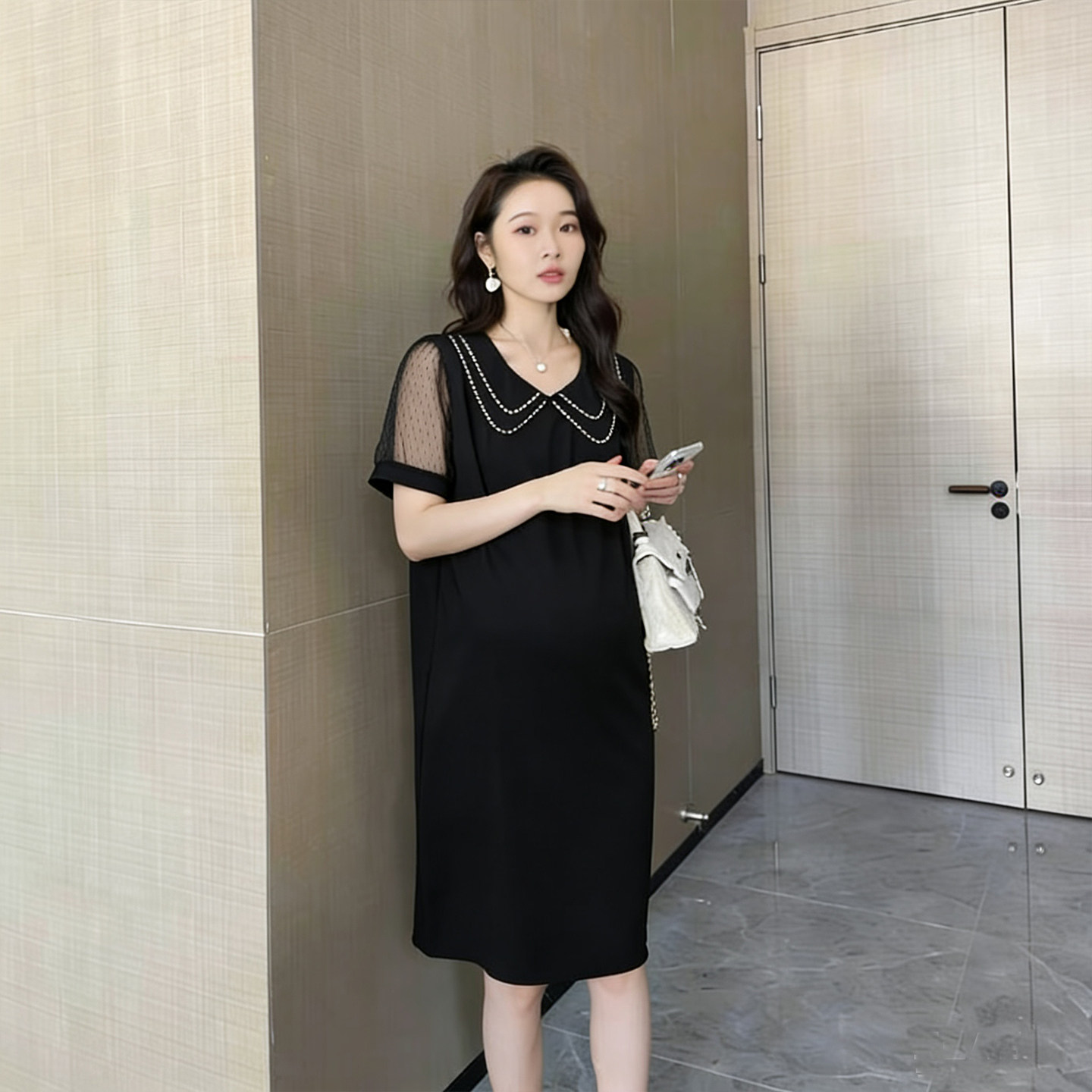 孕妇镶钻小黑裙春夏新款经典百搭