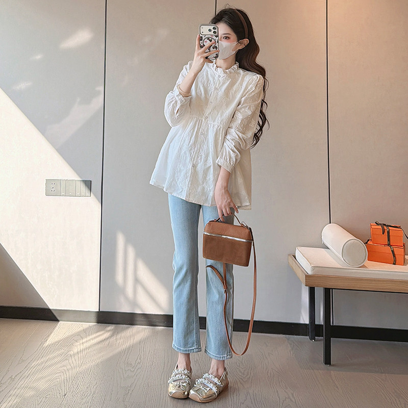 孕妇装法式提花上衣牛仔托腹裤套装春夏新款长袖木耳边小立领套装