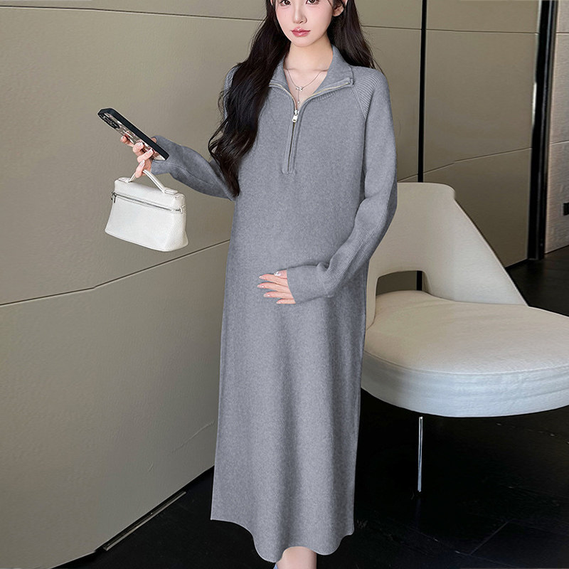 孕妇装连衣裙2026春秋新款高领拉链遮肚显瘦高级感裙子中长款宽松