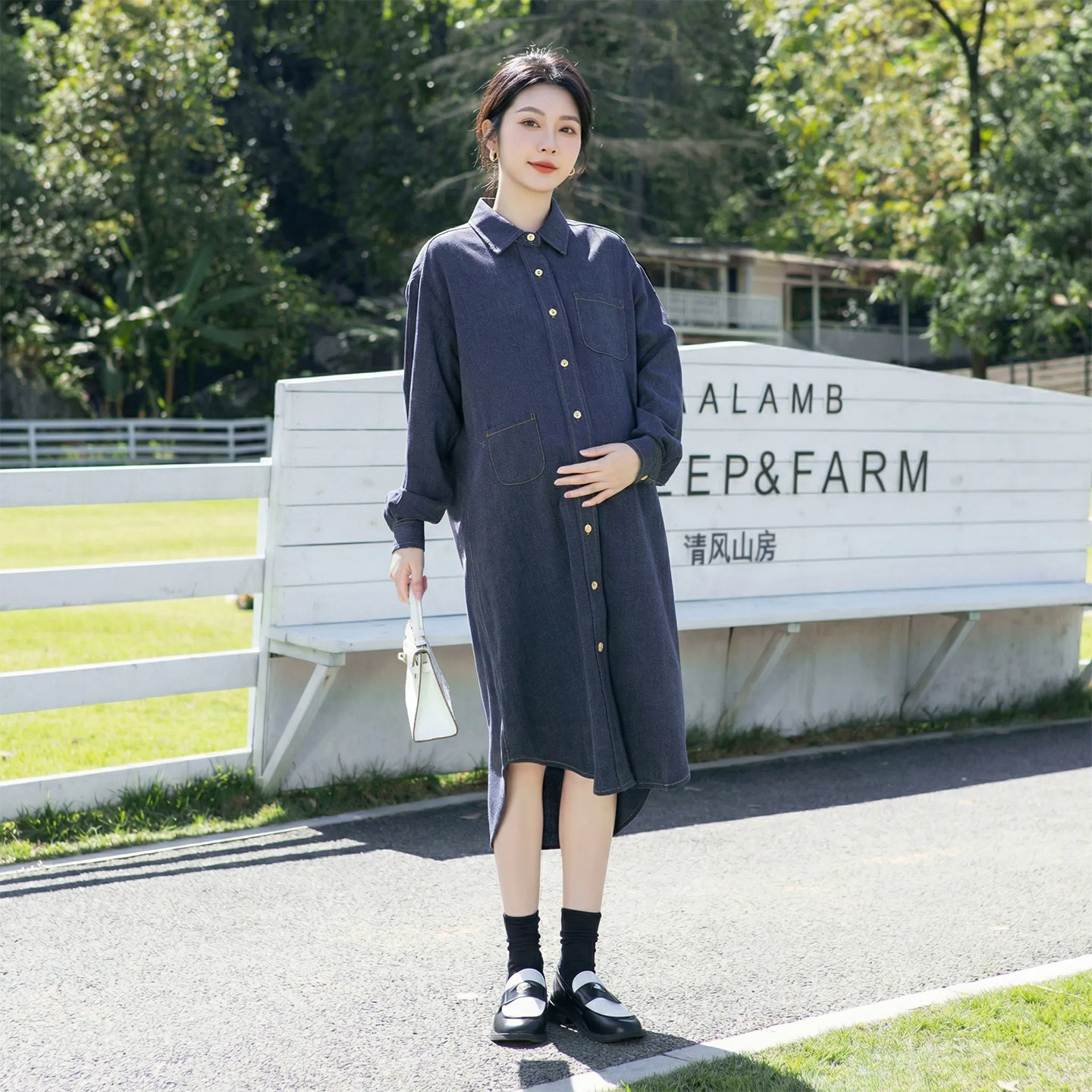 孕妇装连衣裙翻领开衫春夏新款中长款长袖时尚显瘦遮肚简约衬衫裙