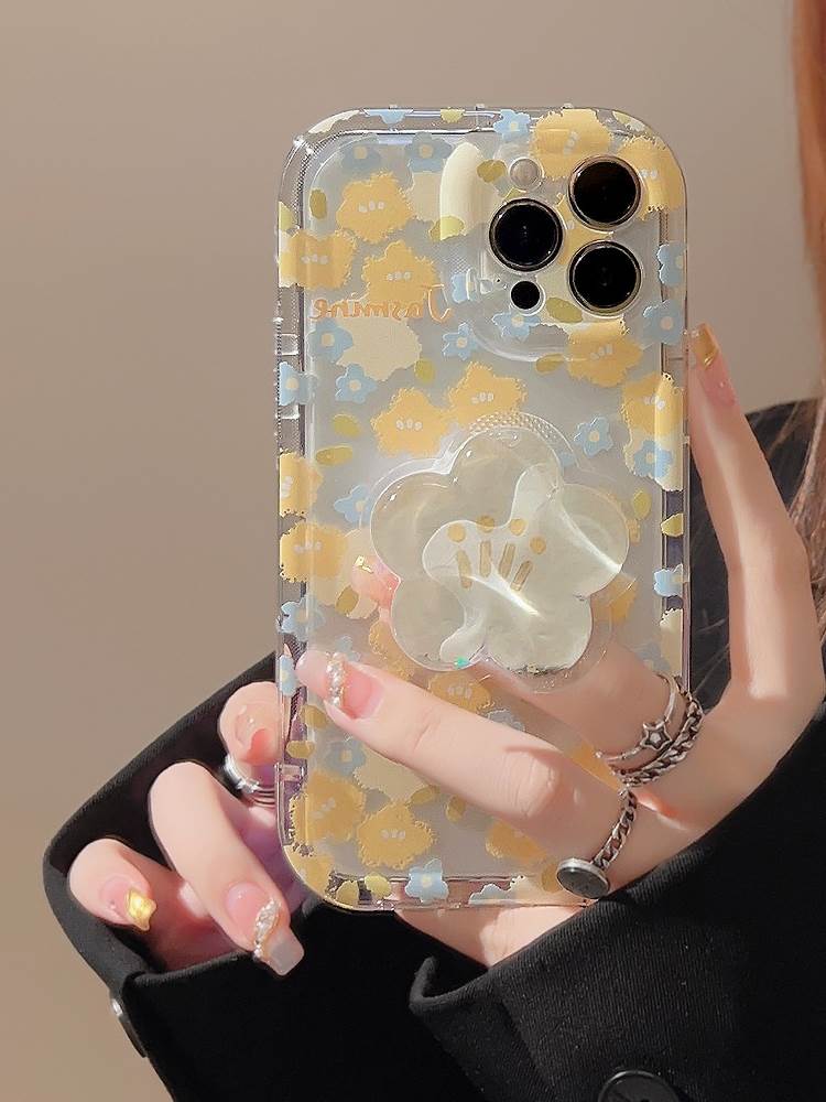 Yellow Flower Case Cover Full Quicksand Stand for Iphone 15 14 13 12 11 pro max plus