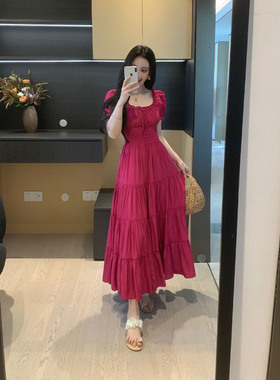 XINYI[绯色邂逅]方领连衣裙女2026夏微胖mm收腰显瘦显白长款裙子